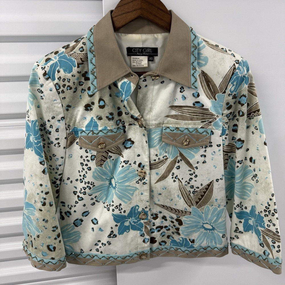 Y2K City Girl Womens XS Western Jacket Floral Leopard Beaded Cowgirl Blazer